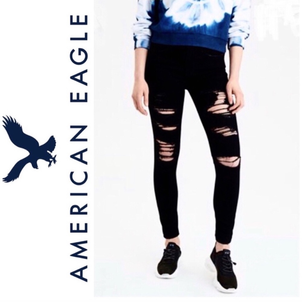 AE Black Factory Distressed Hi-Rise Jegging Jeans, 0S